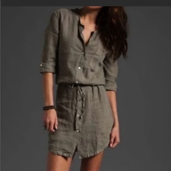olive green dress with pink shoes W) Hampton L/S Linen Shirt Dress in Olive